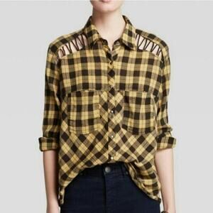 Free People Yellow Plaid Flannel Shirt Cutout Shoulder Design Size XS